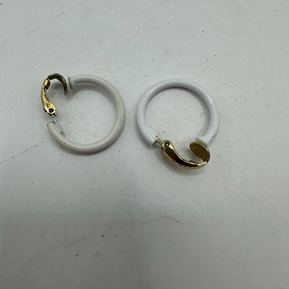 Lewis Segal Gold Clip-On Hoop Earrings White Enamel Accent Vintage Style - Picture 4 of 5